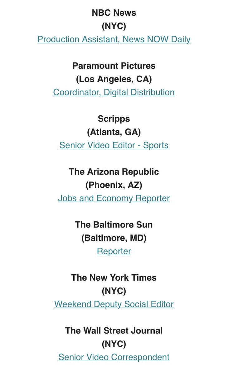 MEOjobs (@meojobs) on Twitter photo BREAKING - Today’s list of newly released media jobs includes:
Account Exec <a href="/EdelmanPR/">Edelman</a>
Associate Producer <a href="/CBSSports/">CBS Sports</a>
Food Reporter <a href="/chicagotribune/">Chicago Tribune</a>
Sports Reporter <a href="/ABC7Chicago/">ABC 7 Chicago</a>
Sr Sports Video Editor <a href="/EWScrippsCo/">The E.W. Scripps Co.</a>
Sr Video Correspondent <a href="/WSJ/">The Wall Street Journal</a>
Full details: mailchi.mp/meojobsonline/… BREAKING - Today’s list of newly released media jobs includes:
Account Exec <a href="/EdelmanPR/">Edelman</a>
Associate Producer <a href="/CBSSports/">CBS Sports</a>
Food Reporter <a href="/chicagotribune/">Chicago Tribune</a>
Sports Reporter <a href="/ABC7Chicago/">ABC 7 Chicago</a>
Sr Sports Video Editor <a href="/EWScrippsCo/">The E.W. Scripps Co.</a>
Sr Video Correspondent <a href="/WSJ/">The Wall Street Journal</a>
Full details: mailchi.mp/meojobsonline/…