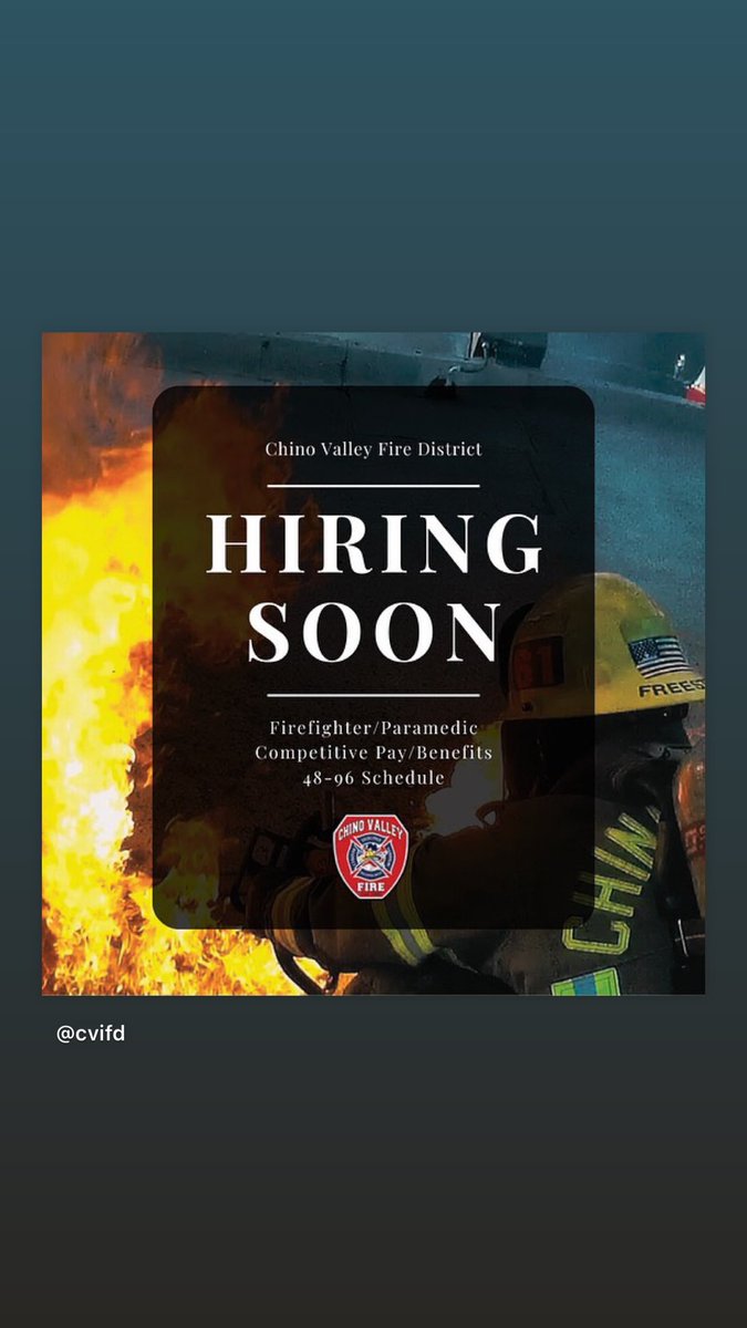 Chino Valley Fire will be hiring for the position of firefighter/paramedic soon. Stay tuned. Competitive salary and benefits. #firefighterjobs #firefighter #firefighterparamedic #firefighterparamedicjobs #hiringsoon