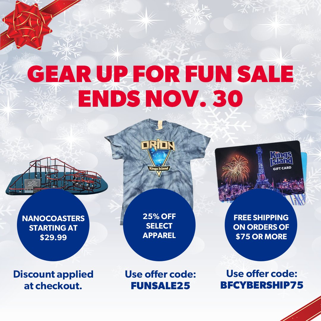 Kings Island on X: Save big on Kings Island gifts this holiday season  during our Gear Up for Fun sale! 🛒 Now through Nov. 30, shop amazing  #BlackFriday/#CyberMonday deals! 🥳 FREE shipping