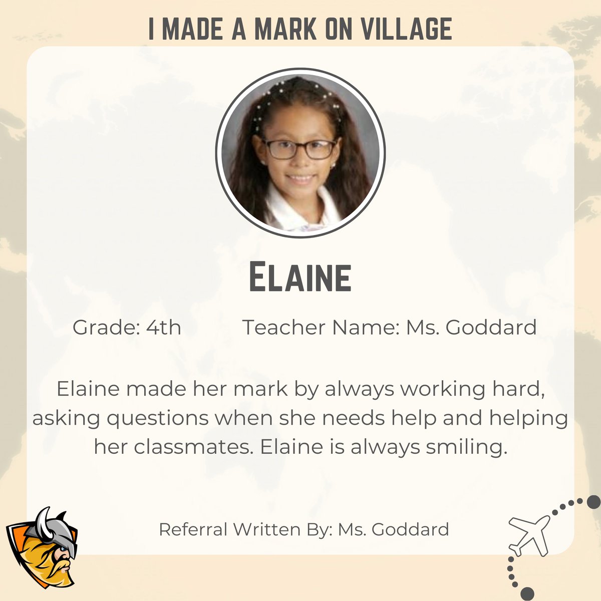 RLVillageSchool's tweet photo. Congratulations to this 4th grader, Elaine, who made her mark by always working hard, asking questions when she needs help and helping her classmates. Elaine is always smiling.
#116Pride #positivereferral #villagevikings116 #WeAreRL https://t.co/Cr7LlcaGZB