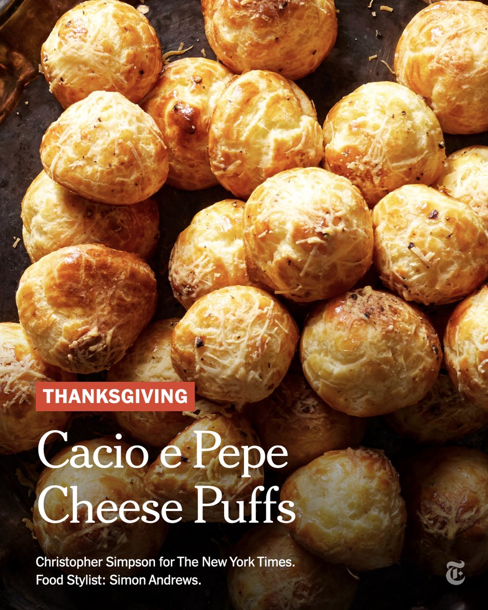 nytimes's tweet photo. Before the turkey, mashed potatoes and stuffing, come the Thanksgiving appetizers. Check out our favorite recipes, including Ina Garten's Cacio e Pepe Cheese Puffs. https://t.co/TRtIV2CNWK https://t.co/92siORbWLw