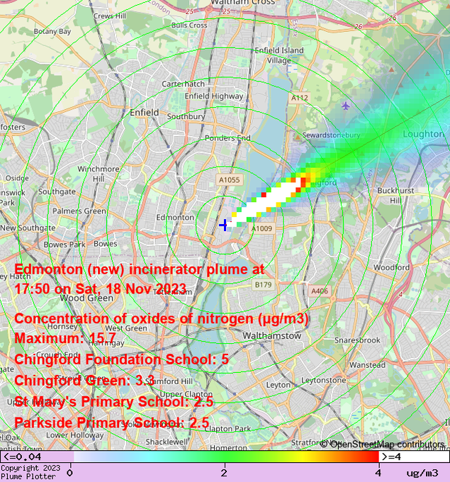 @plumeplotter Latest Edmonton (new) incinerator plume plot, 17:50 18/11/23 #ChingfordGreen #Sewardstonebury #Chingford plumeplotter.com/edmonton/ @ETResidents @StopTheRebuild @enfield_greens