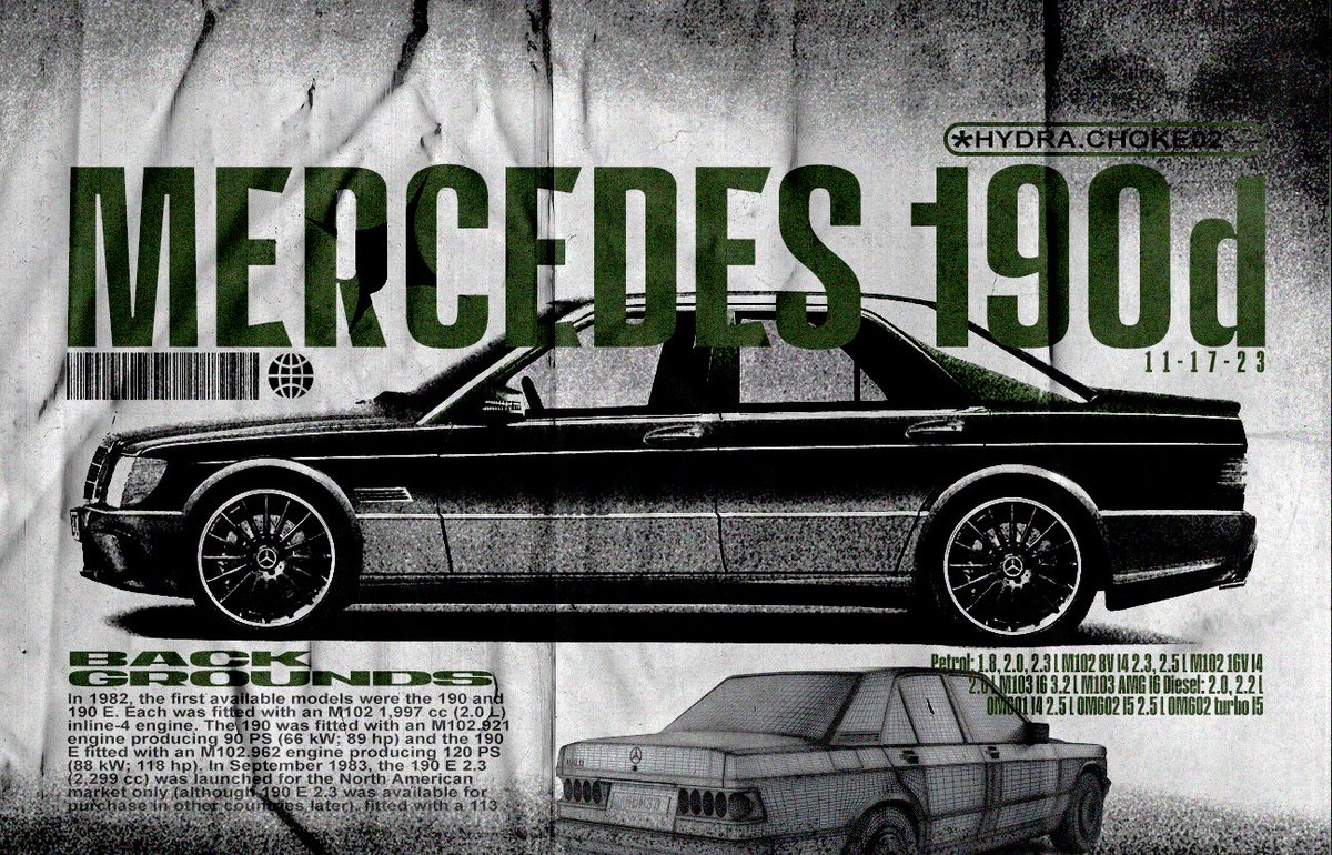 Hydra_Choke's tweet photo. MERCEDES 190d Poster, Take care of your car in the garage, and the car will take care of you on the road. 🌐📷 #mercedesartwork #mercedesartworks #mercedesposter #mercedesposters #photoshop #postereveryday #graphicdesign #posterdesign #brutalism #brutalismdesign #brutalismposter https://t.co/l2bhXmK1Fs