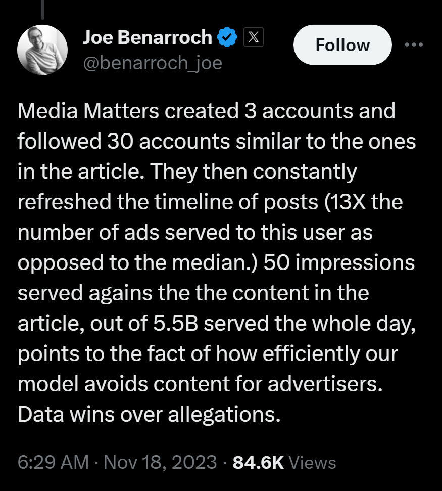 NEW: An X executive discloses that the content highlighted in Media Matters' article constituted a mere 50 out of 5,500,000,000 ad impressions served throughout the entire day.

In reality, virtually no authentic users encountered these ads juxtaposed with the mentioned