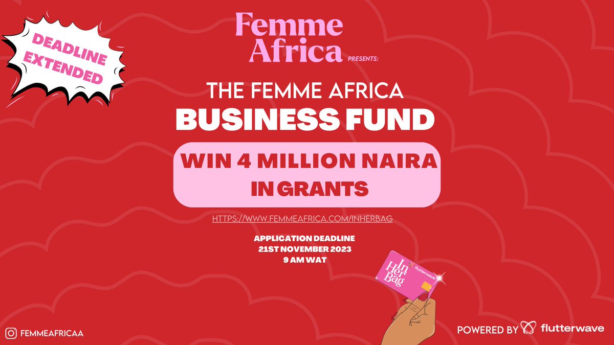 DEADLINE EXTENDED 📣

You can still apply for our ‘In Her Bag’ business fund powered by <a href="/theflutterwave/">Flutterwave</a> here 👇🏾 

femmeafrica.com/inherbag