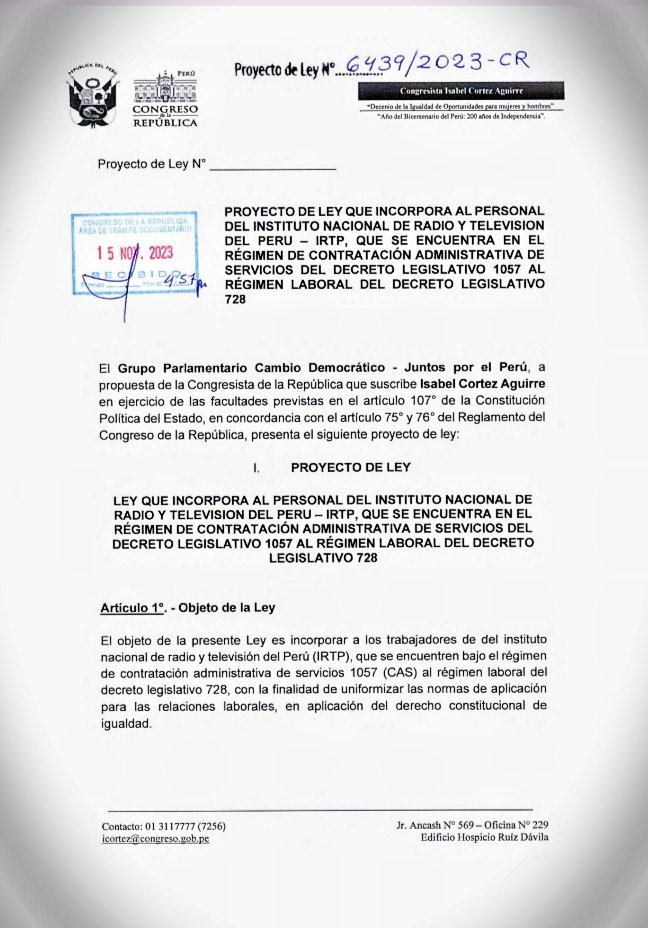 satcasirtp's tweet photo. El día 15 de noviembre 2023,  se presentó el proyecto de ley N° 6439, iniciativa de la congresista Isabel Cortez, proyecto de ley que busca el pase progresivo de los trabajadores CAS del IRTP al régimen 728, régimen al cual se rige el IRTP según decreto legislativo N°829 https://t.co/P6m8n3yiLj
