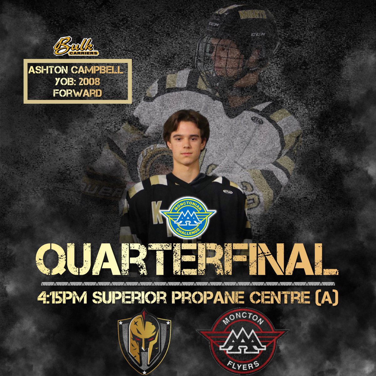 chtownknights's tweet photo. ⚔️QUARTERFINAL!⚔️
We're taking on a fimiliar face the Moncton Flyers, puck drop 4:15pm at the Superior Propane Centre Rink (A). Do or die for here on out.
#bulkcarriers #charlottetownknights #monctonian https://t.co/bW8X5oLH5h