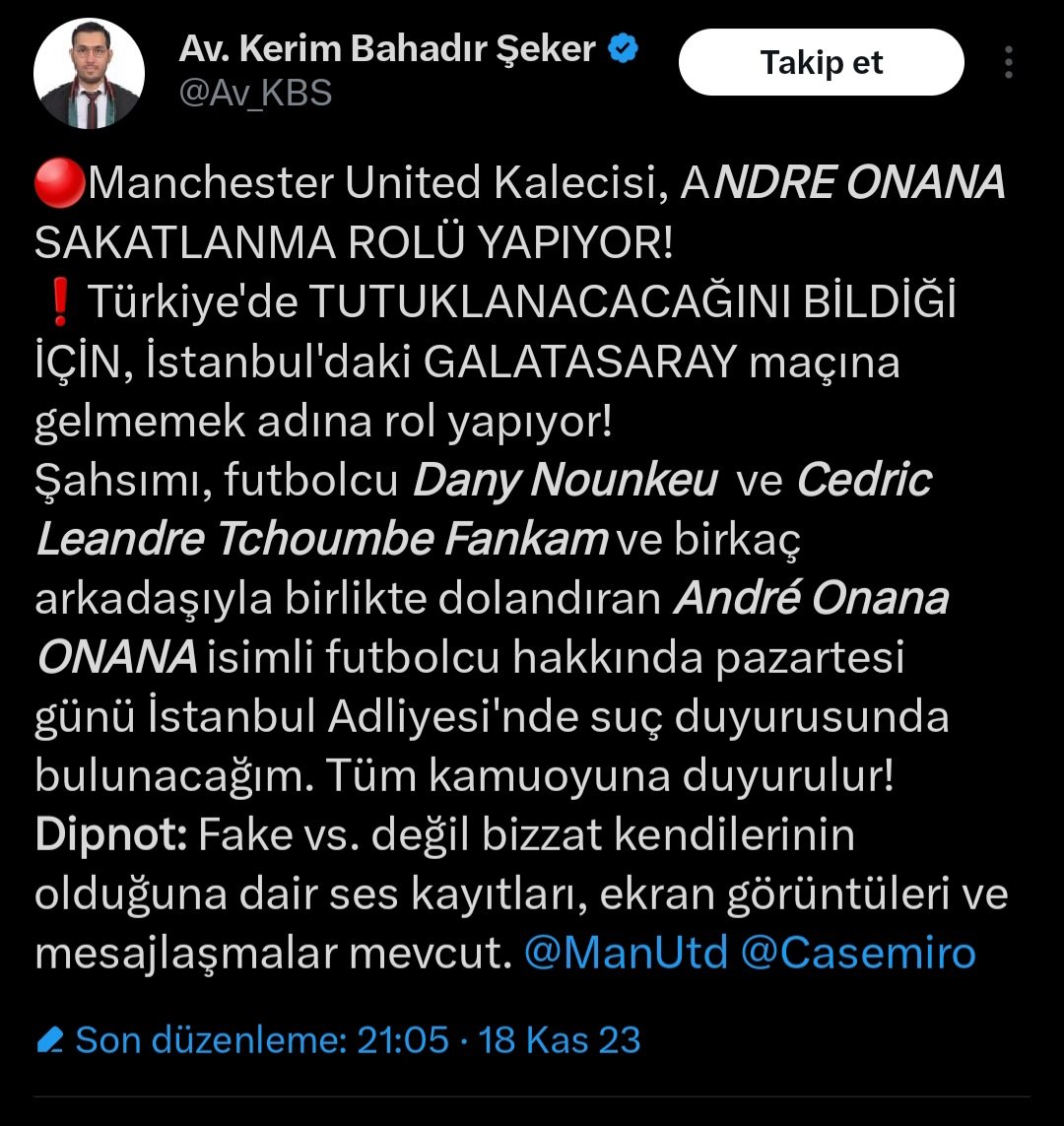 Galatasaray Kongre Üyesi Av. Kerim Bahadır Şeker; Andre Onana ve birkaç futbolcunun kendisini dolandırdığını, Onana'nın da bu sebeple Türkiye'ye gelmemek için sakatlık numarası yaptığını iddia etti.