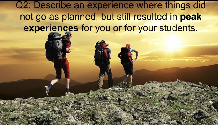 jang_moragh's tweet photo. E chat number 2: peaks and valleys of oe

Q2: Describe an experience where things did not go as planned, but still resulted in peak experiences for you or for your students.

@asforan #oeedu520j https://t.co/4yTw1uOMvJ