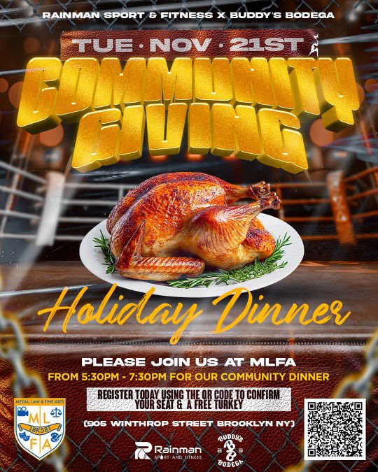 Please join #rainmansportandfitness with #buddysbodega.ca for a heartfelt Thanksgiving giveaway at MLFA in Brooklyn, NY! Let's gather for a festive meal and spread joy in our community this November 21st. Grateful for the chance to give back and share the holiday spirit with all!