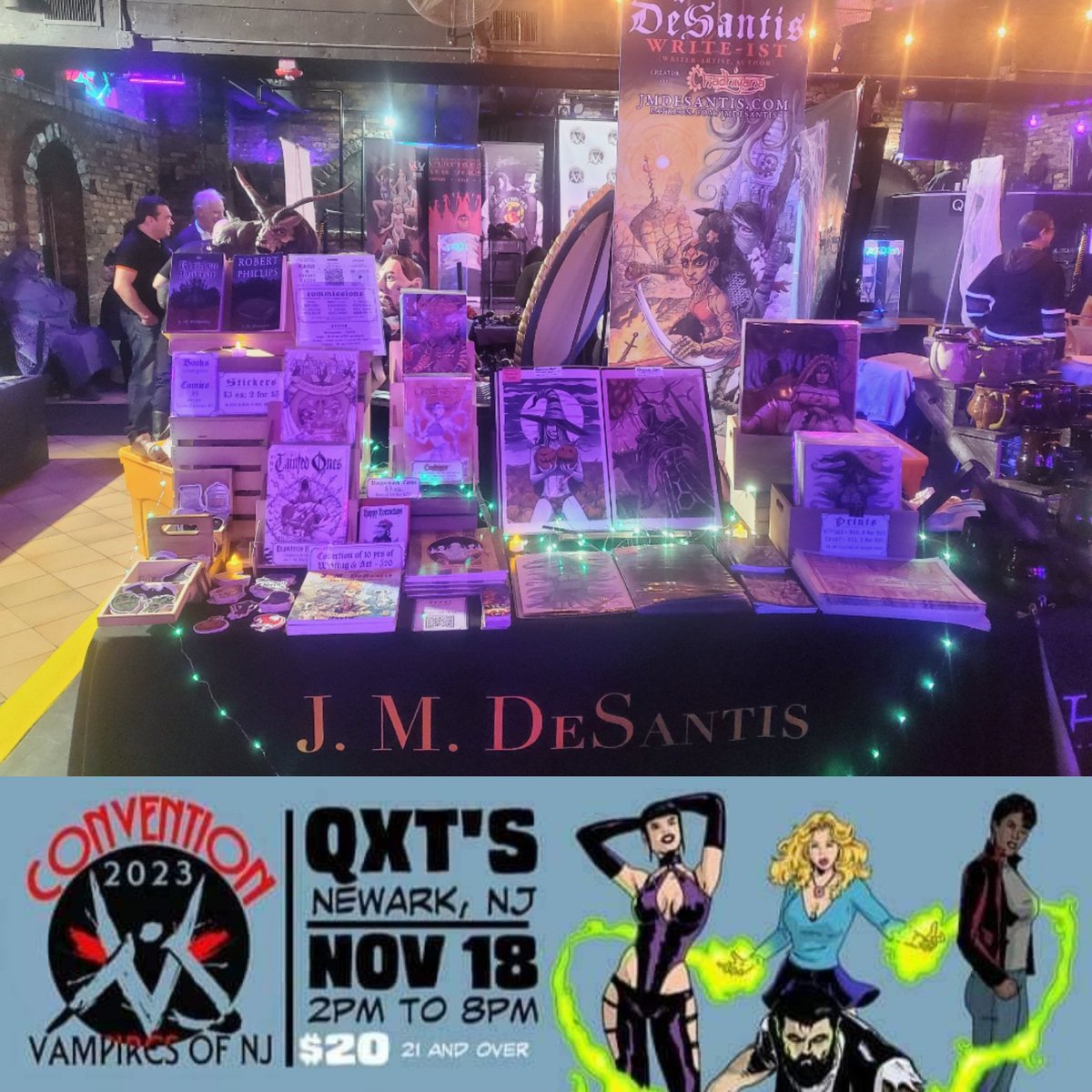 jmdesantis's tweet photo. Open from 2-8 pm at Vampires of New Jersey Con 2023 at QXTs in Newark, NJ.
Original #books & #comics; #art, #artprints, & #commissions.
#writer #author #artist #creator #vampires #vampiresofnj #QXTs #qxtsnightclub #nightclub #nightlife https://t.co/50bKKP3spB