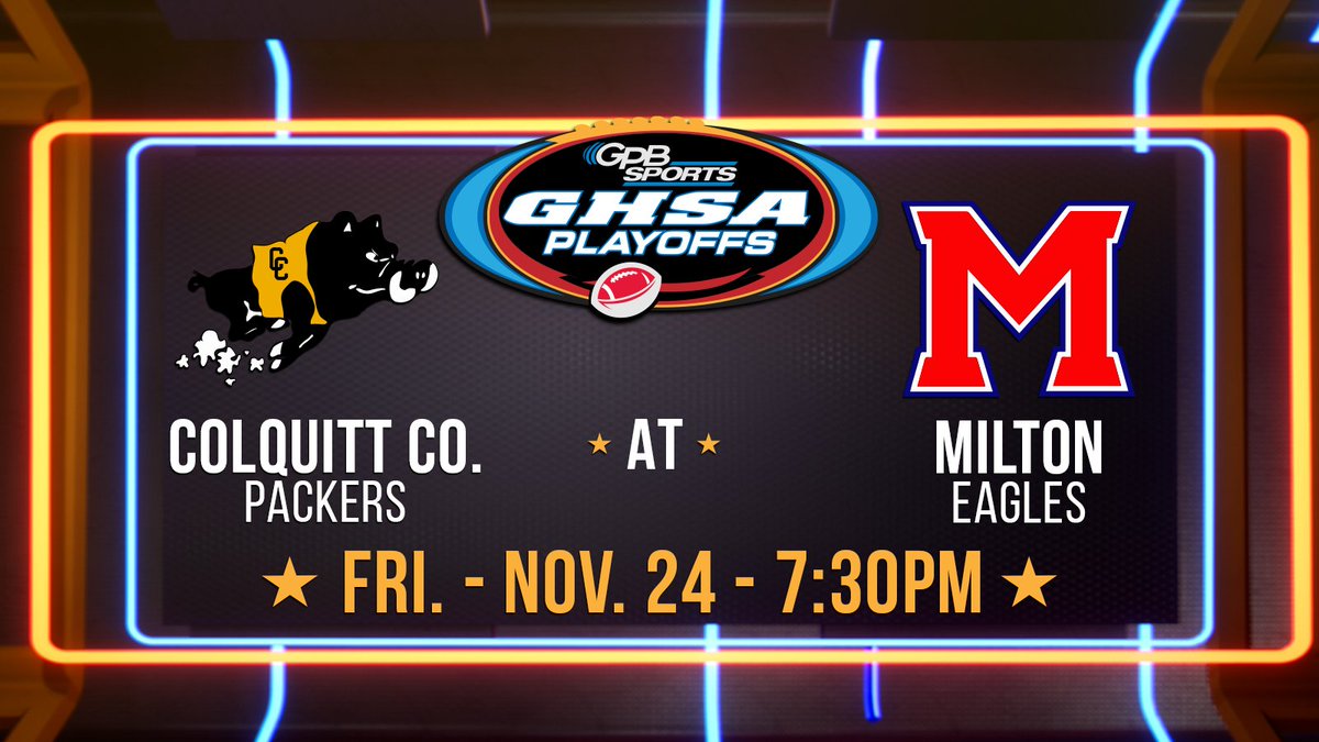 GPB Sports (@gpbsports) on Twitter photo 🚨🏈 We're on to the Quarterfinals in the <a href="/OfficialGHSA/">GHSA</a> Playoffs!
On Friday, the GPB Sports team will broadcast the <a href="/CCPackersFball/">Colquitt County Football</a> vs. <a href="/MiltonEagles_FB/">Milton High School Football</a> game for this week's Football Fridays in Georgia matchup.
Coverage begins at 7:30 PM!
More details coming soon. #GPBSports 🚨🏈 We're on to the Quarterfinals in the <a href="/OfficialGHSA/">GHSA</a> Playoffs!
On Friday, the GPB Sports team will broadcast the <a href="/CCPackersFball/">Colquitt County Football</a> vs. <a href="/MiltonEagles_FB/">Milton High School Football</a> game for this week's Football Fridays in Georgia matchup.
Coverage begins at 7:30 PM!
More details coming soon. #GPBSports