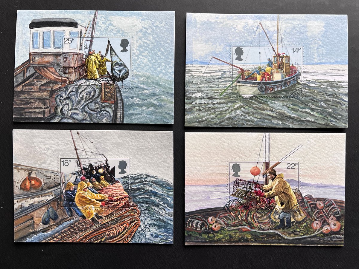 Showing my painting in progress, I love to see these stamp sets come together as art, 
how lovely they will look displayed together!  
#artwork #paintings #postagestamps #postagestampart #britishfishingindustry #miniatureartwork #philately #pastiche