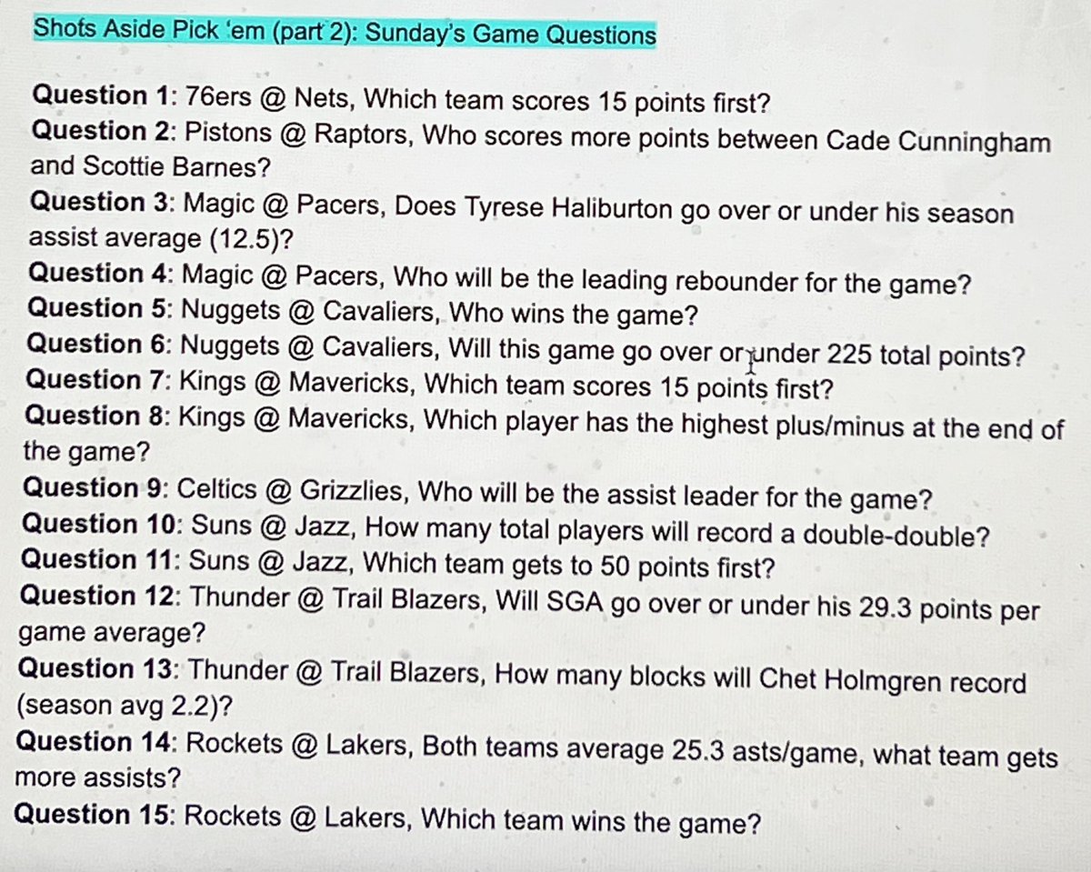 ShotsAside's tweet photo. Questions for the Shots Aside Pick ‘em (part 2/4): Sundays Games

Reply your answers here or in the comment section attached to the podcast website on Apple Podcasts. The player with the highest win percentage by part 4 will win a prize. https://t.co/BKyiPjXHif