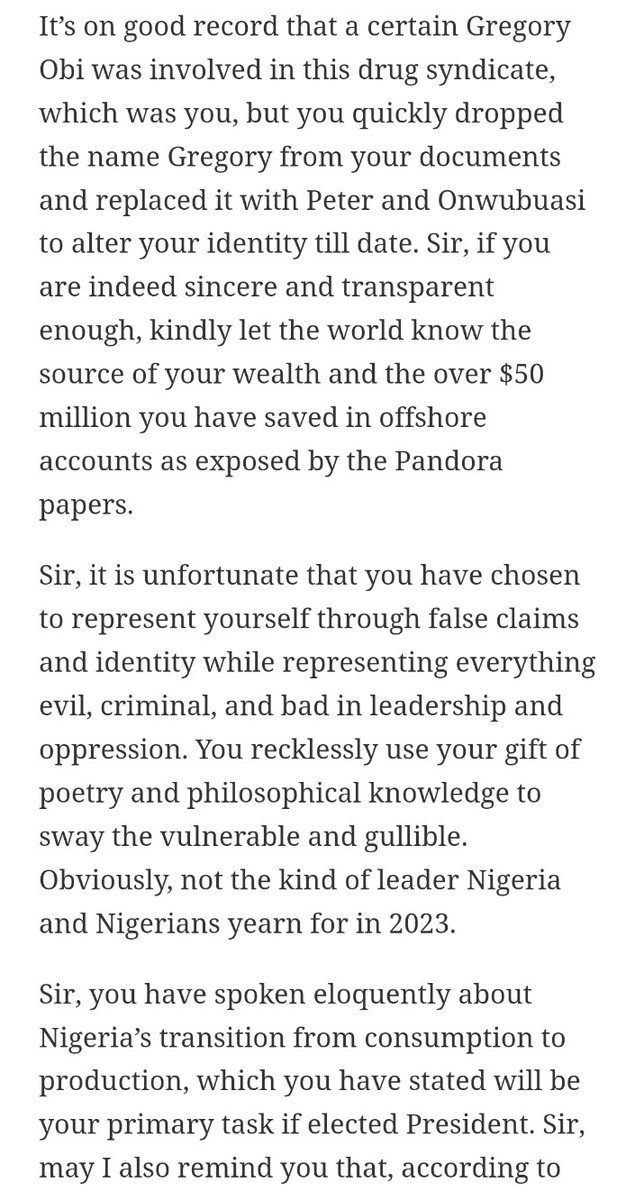 VivaDido's tweet photo. There are lot of things which need to be thoroughly investigated but it's truly unfortunate our youths select what to believe and what not to believe. This is pathetic.

During every allegation against Tinubu, I looked into them. Was it the Narcortic case? I even have the court documents and I made series of posts for us to discuss on it. We argued over it for days until we reached a point of understanding.

Was it the CSU case? Many of you would remember my posts on it against Tinubu and CSU. The more I was dragged, the more I posted about my findings until the deposition was released and I saw reasons to soft-pedal and allowed the superior argument prevail.

Now, the pendulum swing is in a translational motion and presently facing Obi, you are not interested in any report AGAINST Obi. You don't even want to read it, you just dismiss it and want to insult. Are you mentally okay?

A man who can read but does not read has no advantage against the stark illiterates.

I read lot of things out there till tomorrow, even if it's against Tinubu, Sowore, or any Politician. At my leisure, I would read it. The knowledge is needed. It gives you an edge when you're engaging people.

These are allegations against Obi. Obi dismissing them alone is not enough.

What did you as an individual do about them?

The article in the attached screenshot was written by one Uloka Chukwubuikem in Sahara Reporters platform, in 2022.

I would like to know Obi's work history after graduating from University in 1984 before becoming the Chairman of Fidelity bank and joining Politics

I would like to know how he became a billionaire even though his parents weren't known millionaires.

Also, who is Damian Obi?

What's Obi's relationship with Ben Uba, the US ex-convict for drug offences?

Why did Obi open a shell company in early 90s?

Find out what Shell companies are.

__________________

We must ask the right questions.

_______________________

Help retweet for our neighbors.

@jeffphilips1 @ibekemed
@dipoaina1 @TimiBlaze

Here's the link:

https://t.co/AvQUMJgLsz