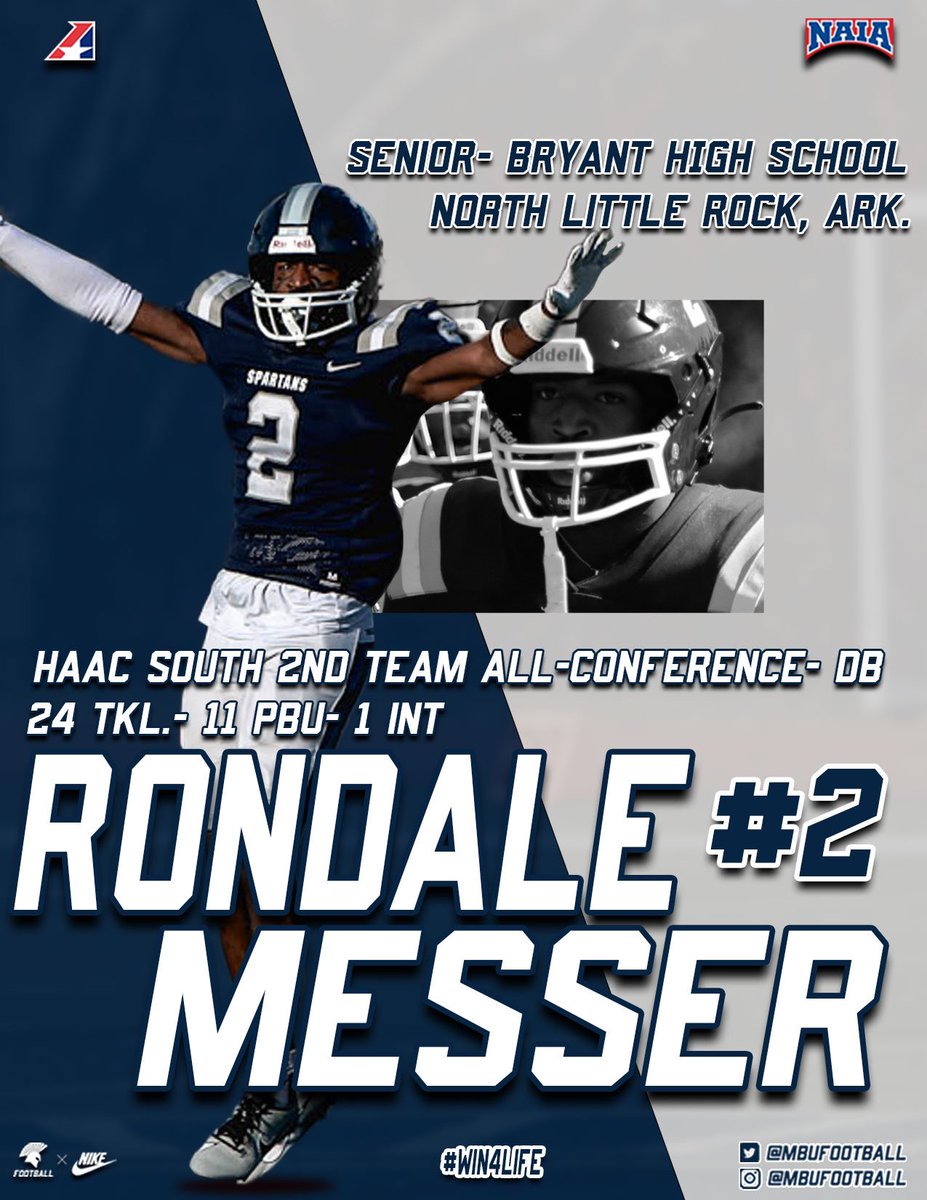 Missouri Baptist Football (@mbufootball) on Twitter photo Join us in celebrating our first ever All-HAAC South honorees this season!
Sr. Rondale Messer received 2nd team All-HAAC honors at DB in his first season at MBU.
Messer totaled 24 TKL, 11 PBU, & 1 INT.
Congratulations, Rondale!
<a href="/BryantHornet212/">Bryant Hornet Football</a>
#Win4Life #SpartanNation Join us in celebrating our first ever All-HAAC South honorees this season!
Sr. Rondale Messer received 2nd team All-HAAC honors at DB in his first season at MBU.
Messer totaled 24 TKL, 11 PBU, & 1 INT.
Congratulations, Rondale!
<a href="/BryantHornet212/">Bryant Hornet Football</a>
#Win4Life #SpartanNation