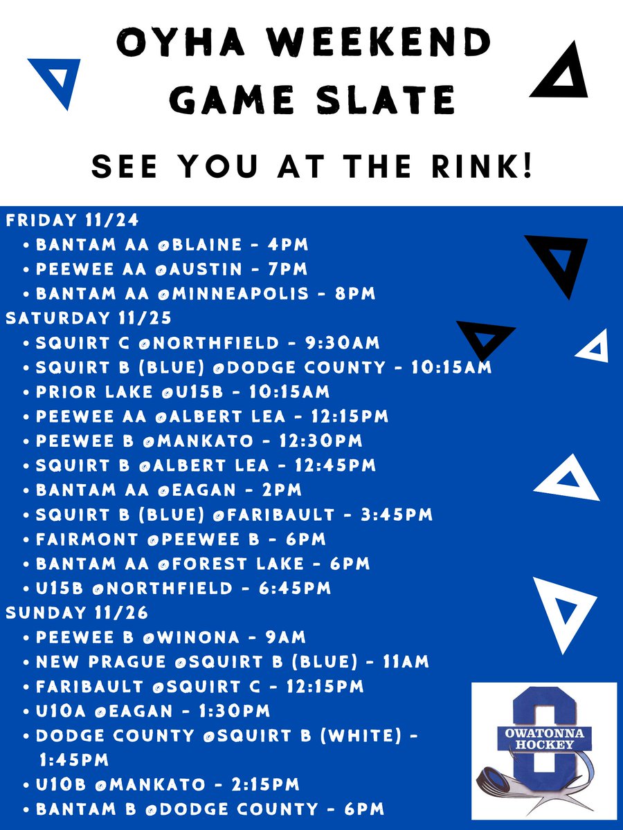🏒🔥 Exciting and FULL game lineup ahead for Thanksgiving weekend! Best of luck to our OYHA players and coaches as they hit the ice all across the state! Let's pack the stands to cheer on the Huskies! 🐾🏒🥅 #OYHAWeekends #SupportOurHuskies