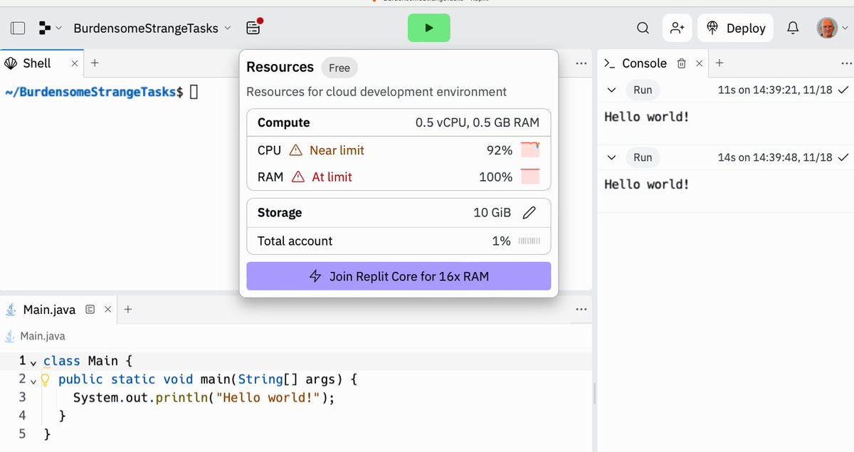 fs_compsci's tweet image. Look how long it takes @Replit  to run the &quot;Hello world&quot; program.