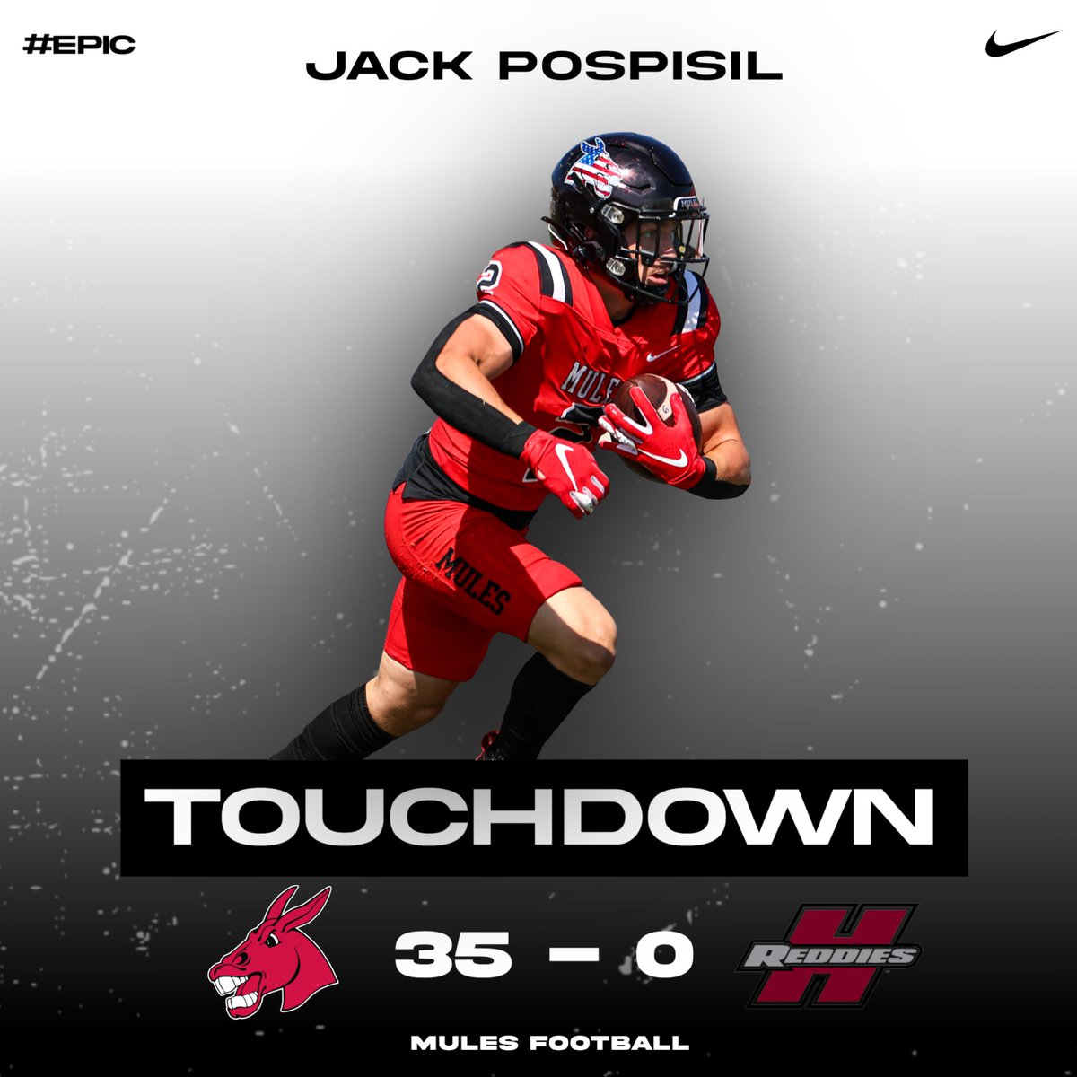 Zebrowski looks to the back of the endzone where he finds Pospisil for a Mules TD! 

Dobsons extra point is good! 

UCM 35, HSU 0 | 1:46 Q1 

#teamUCM X #EPIC