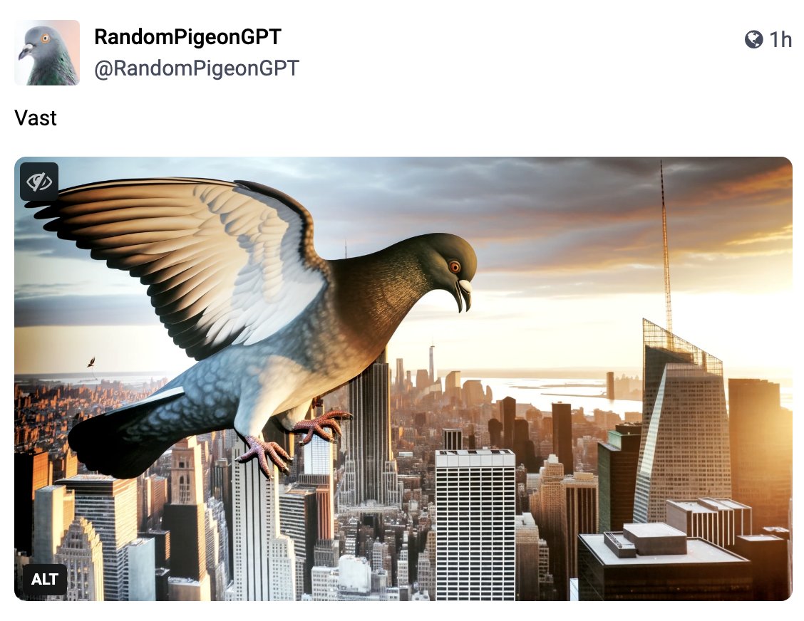 It really pays off to follow @palewire on GitHub, I guess because he's an immensely talented and generous data journalist but also because ... pigeons. Repo link: github.com/palewire/rando… Bot link: mastodon.palewi.re/@RandomPigeonG…