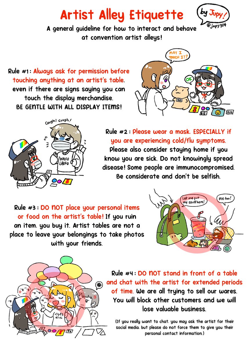 Sharing this again since so many cons are happening right now.   When in the artist alley, please be sure to observe the etiquette. This guide isn't exhaustive. Thank you for being kind to artists. 🩷