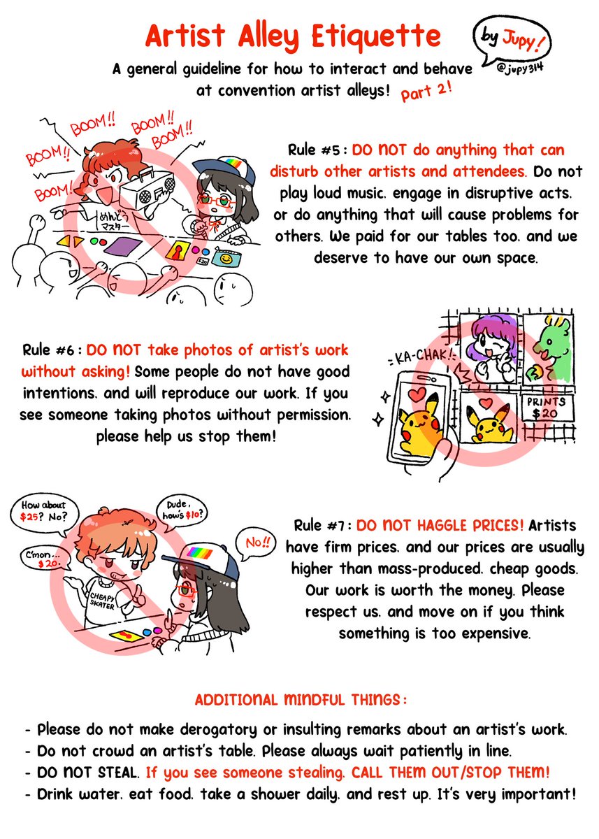Sharing this again since so many cons are happening right now. When in the artist alley, please be sure to observe the etiquette. This guide isn't exhaustive. Thank you for being kind to artists. 🩷