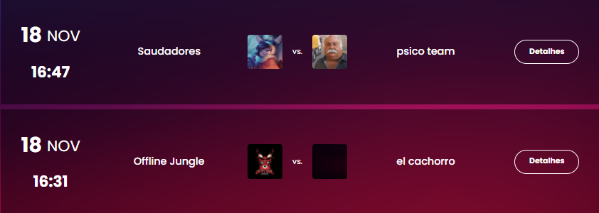Tudo pronto, bora pro game! Para quem vai a sua torcida?

Semifinal 01
<a href="/saudadores/">Saudadores</a> vs #PsicoTeam

Semifinal 02
@OfflineJungler vs #ElCachorro