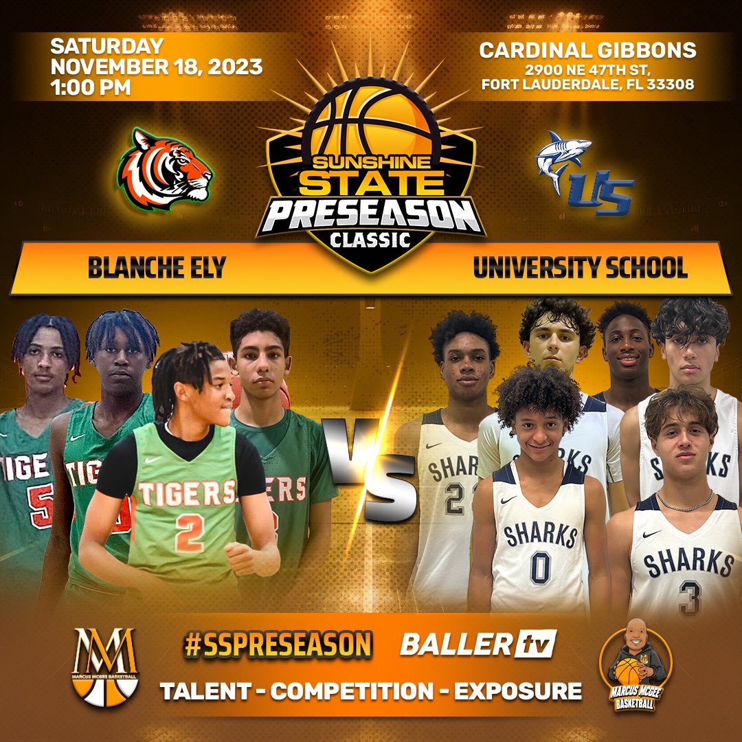 MMcGeeBball's tweet photo. Halftime Score at the Sunshine State Preseason Classic

University School leads Blanche ELY  24-18

ELY
27’ Jordan Corbett 5pts 

NSU
24’ Julian Granville 5pts
25’ Dwayne Smith 6pts

#SSPreseason https://t.co/PGVXs55XhA