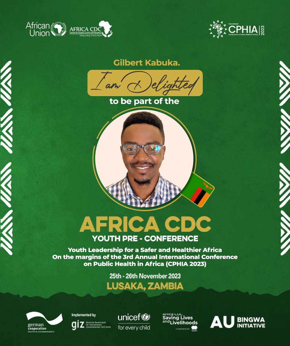 I am delighted to be part of the @AfricaCDC Youth Pre-Conference - #YPC2023.

I look forward to engaging other young people from across the continent on Youth Leadership in Public Health in Africa. #YouthLeadershipInHealth