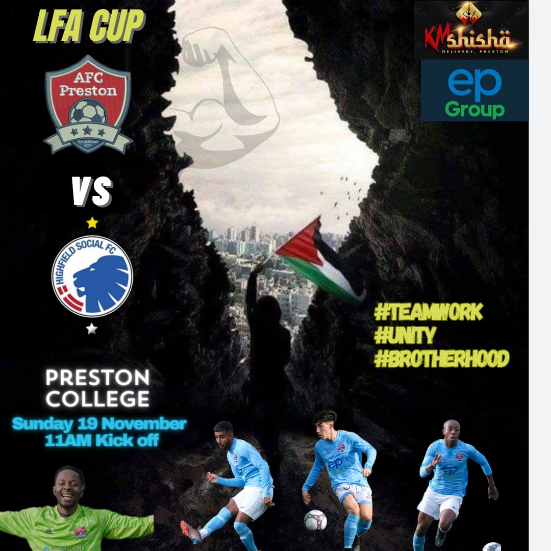 AFCPreston's tweet photo. Toughest game of the season so far as we take on high flying Highfield Social from the Blackpool Sunday League in the 4th Round (Last 16) of the LFA Sunday Trophy.
It will be a cracker,come down and support the lads 💪🔥 👇
#FreePalestine
#TeamWork
#Brotherhood
#Unity
#LFACup https://t.co/0Z873lJwwa