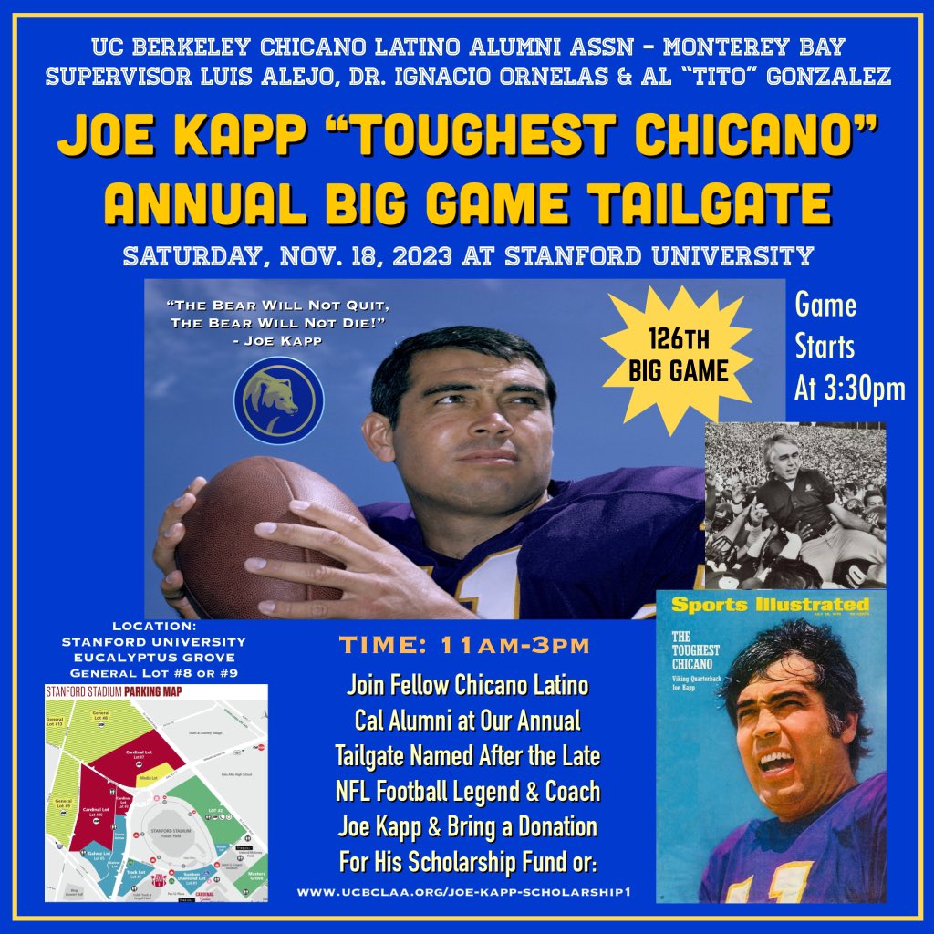 SupervisorAlejo's tweet photo. ANNUAL JOE KAPP “TOUGHEST CHICANO”TAILGATE at The Big Game at Stanford in Lot #8 with the Cal Chicano Latino Alumni Assn - Monterey Bay taking place now! Join us if you are here. The family of Joe Kapp will be joining us today! #GoBears🐻 #SomosOsos✊🏽 @OsosdelValle @UCB_CLAA @UCBerkeley @CalFootball