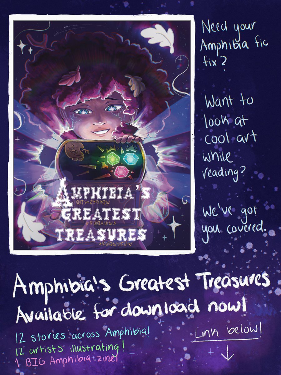 amphibiagtzine's tweet photo. ✨ These stones are NOT Amphibia’s greatest treasure! ✨

It is our honor and privilege to announce that the AMPHIBIA’S GREATEST TREASURES ZINE IS NOW AVAILABLE FOR DOWNLOAD! Read and find 12 amazing fics written by our contributors, alongside 12 amazing artists! #amphibia https://t.co/sHqEb0p71Q
