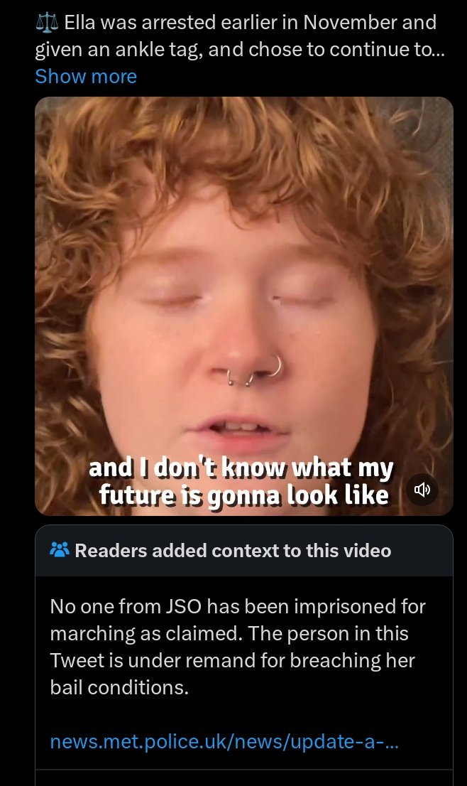 JustUseOil's tweet photo. ELLA WARD,20 IMPRISONED FOR BREAKING BAIL CONDITIONS TO DISRUPT YOUR LIVES.

Privileged twerp Ella could face a prison sentence of up to 12 months for the new crime of "interference with key national infrastructure"

Community notes corrected JSO lies.👇 #ClimateScam #ClimateCult https://t.co/AJAHTOCLW8