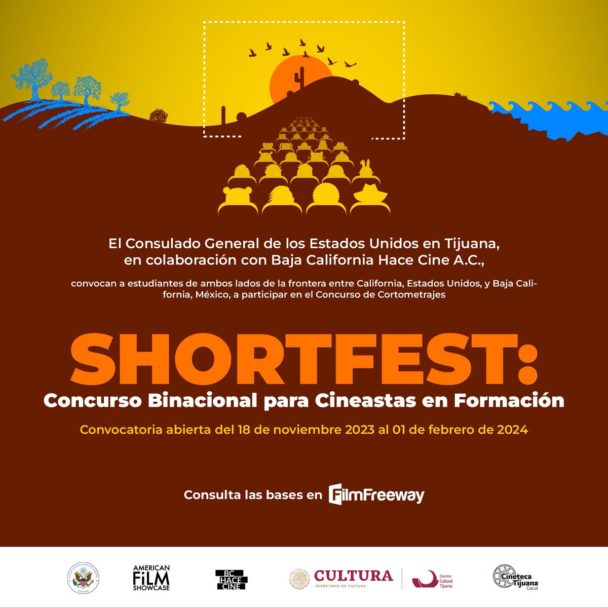 BcCine's tweet photo. BC Hace Cine A.C. en colaboración con el Consulado de los Estados Unidos en Tijuana, invitan a estudiantes de ambas Californias a participar en 🎞 SHORFTFEST: Concurso Binacional para Cineastas en Formación 🎞

📅 Abierta del 18 de noviembre de 2023 al 01 de febrero de 2024 https://t.co/1wHkZiwF9S