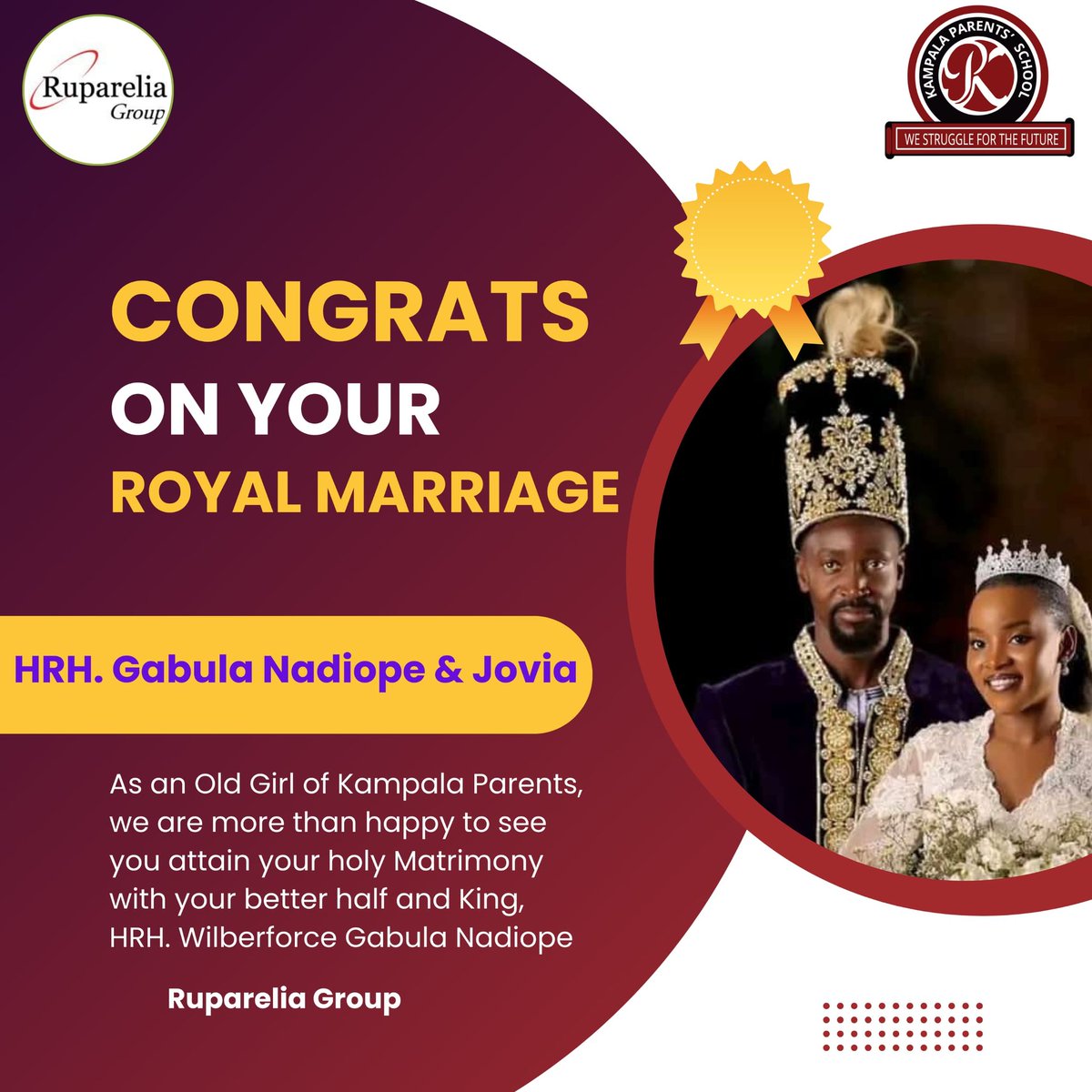 Congratulations to the @KingNadiopeIV ,His Majesty Nadiope William  as @kampalaparents under Ruparelia Group  we pray for blessings to your marriage, principle Kato Daphine she is very well proud of you , witnessed your academic from pre primary to your marriage in church today.