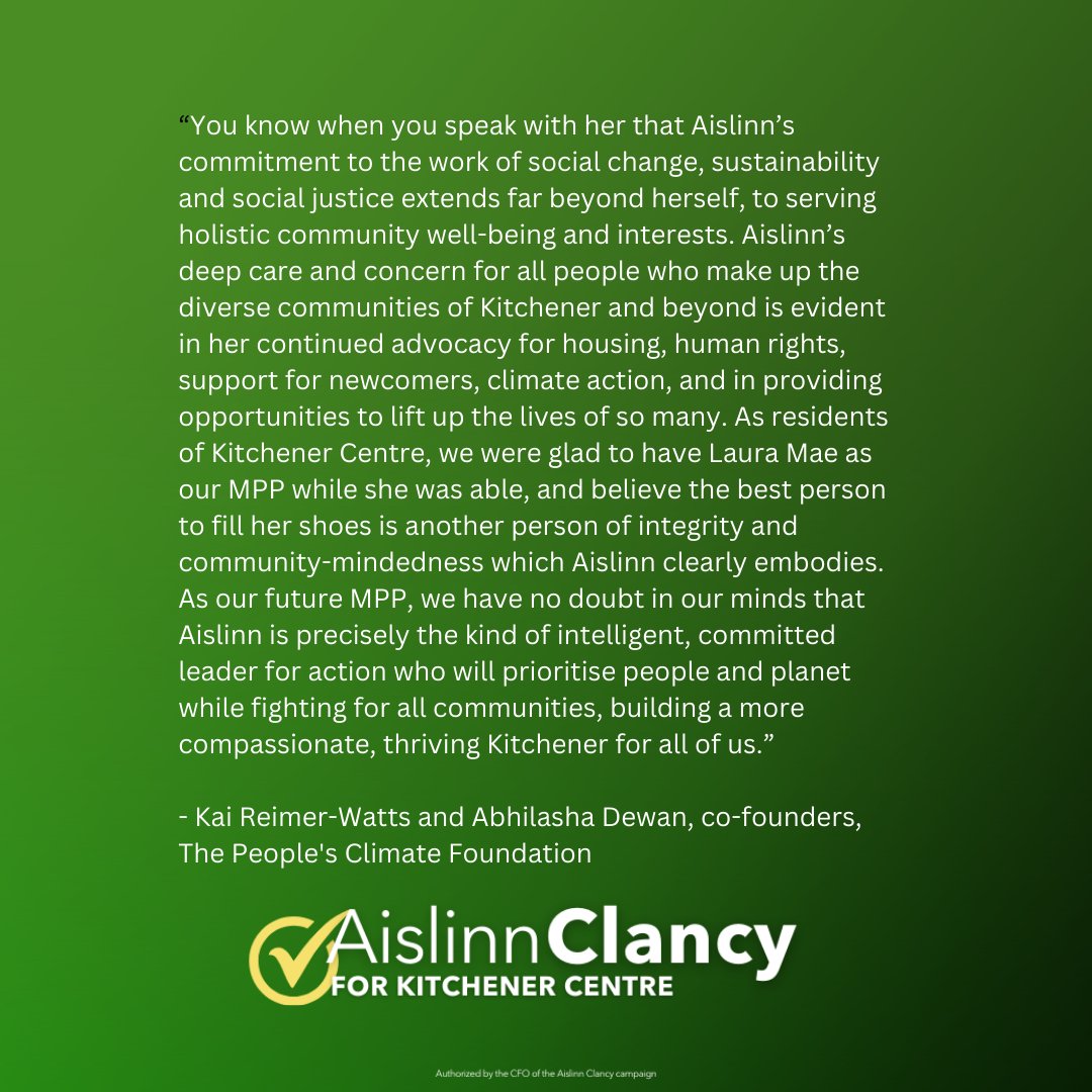 AislinnClancyKC's tweet photo. Thank you for your kind words Kai Reimer Watts and Abhilasha Dewan . I am honored to have your endorsement.  You are visionaries for sustainability and social justice. Together, we can build a greener and fairer future for Kitchener and Ontario. #VoteClancy #onpoli #kitcen https://t.co/OlhhrbiVLI