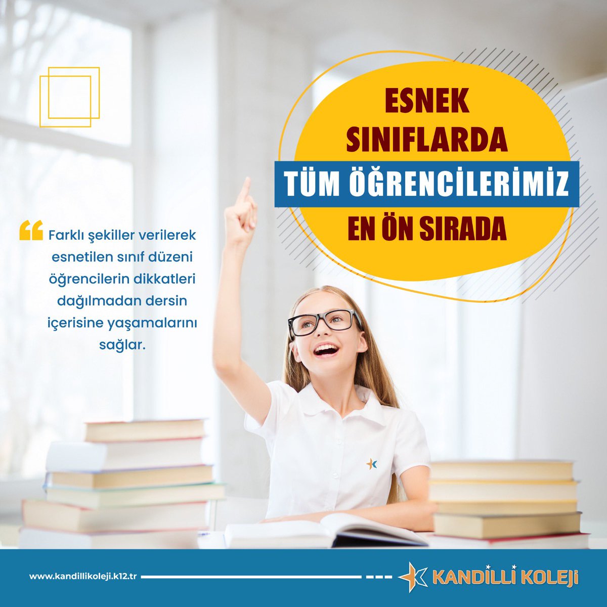 Öğretmenlerimiz uyguladığımız “Esnek Sınıf Modeli” ile her öğrenciye ulaşır “Arka Sırası Olmayan Sınıflarda” öğretmenlerimiz sürekli öğrencilerin yakınsal gelişim alanlarında bulunarak öğrenmenin en üst seviyede gerçekleşmesini sağlar.

kandillikoleji.k12.tr
#kandillikoleji