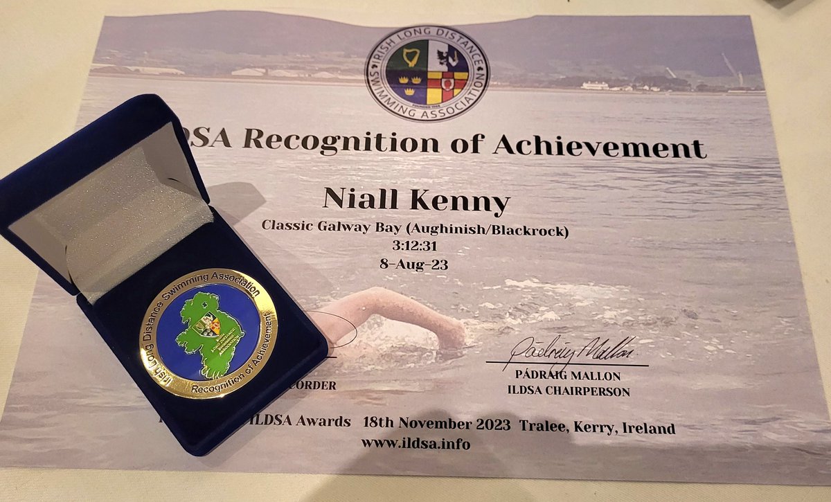 niallkennycork's tweet photo. Delighted to get my certificate and Medal for my Galway Bay Swim at the #ILDSA Awards night.
Huge thanks to all my organisers and crew on the day. Definitely a swim for the bucket list. πββοΈπββοΈ
#OpenWater #Swimming #GalwayBay #SwimIreland https://t.co/VoADQ91E7G
