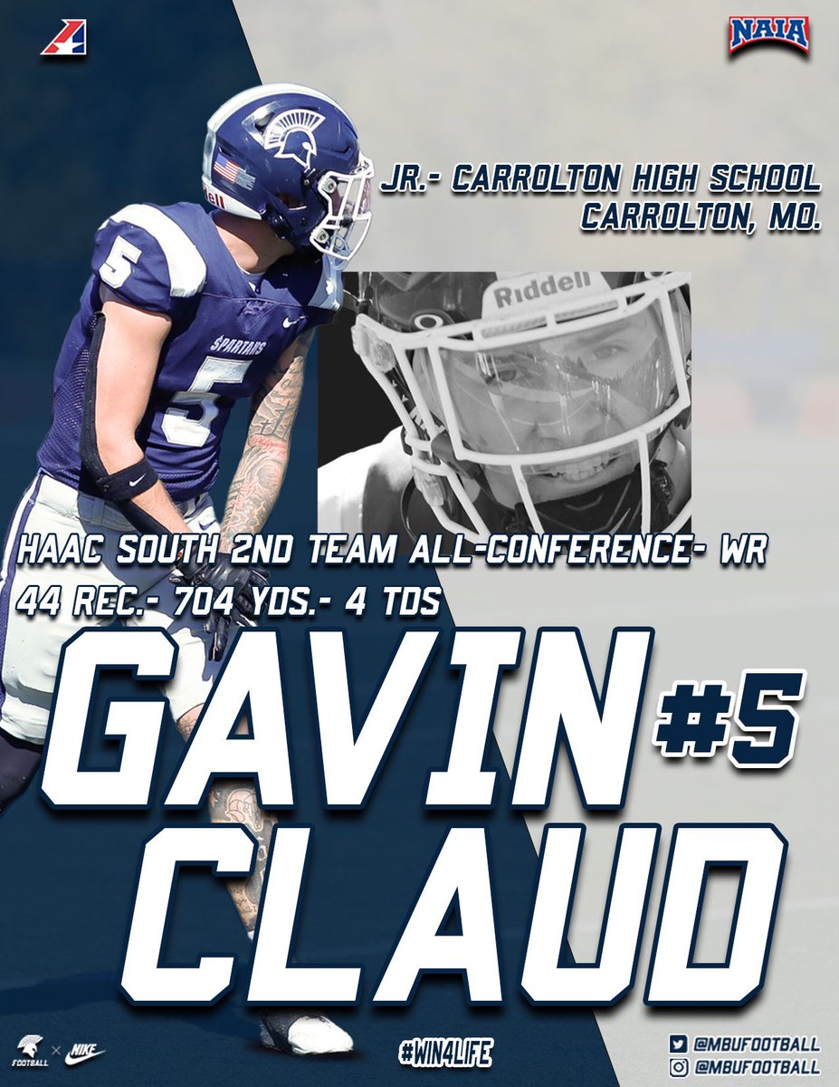 Missouri Baptist Football (@mbufootball) on Twitter photo Join us in celebrating our first ever All-HAAC South honorees this season!
Jr. Gavin Claud was honored as a 2nd team All-HAAC South Wide Receiver for MBU.
Claud racked up 704 yards & 4 TDs with 44 receptions.
Congratulations, Gavin!
<a href="/GavinClaud/">gavinclaud_21</a>
#Win4Life #SpartanNation Join us in celebrating our first ever All-HAAC South honorees this season!
Jr. Gavin Claud was honored as a 2nd team All-HAAC South Wide Receiver for MBU.
Claud racked up 704 yards & 4 TDs with 44 receptions.
Congratulations, Gavin!
<a href="/GavinClaud/">gavinclaud_21</a>
#Win4Life #SpartanNation
