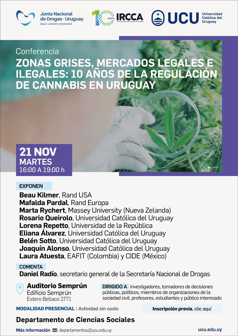 A casi 10 años de la regulación de cannabis en UY, el martes 21/11 presentamos investigación sobre mercados ilegales, legales y grises financiada por <a href="/ANIIuy/">ANII - Uruguay</a> con comentarios de <a href="/DanielRadioP/">Daniel Radío</a>. Las y los esperamos 👇🏽