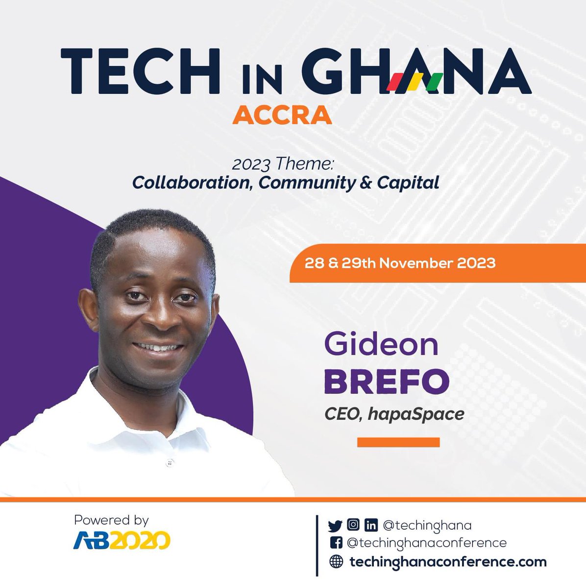Pleased to be joining <a href="/techinghana/">Tech in Ghana</a> 's Accra Edition at Accra Digital Centre on 28 &amp; 29th November to share thoughts about The Tech Ecosystem in Kumasi.

Visit techinghanaconference.com for more details and tickets.

See you there!

#TechInGhana