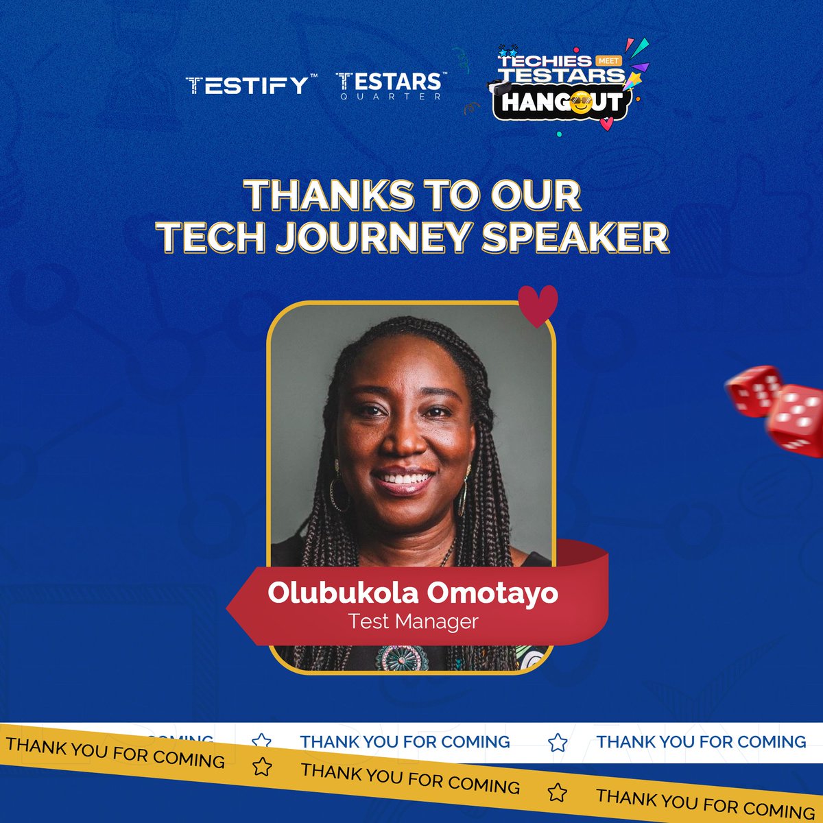 Testify_org's tweet image. Big thank you to Olubokola Omotayo for being a true inspiration to young techstars. Sharing your journey has fuelled a fire in the Techies meet Testars community.