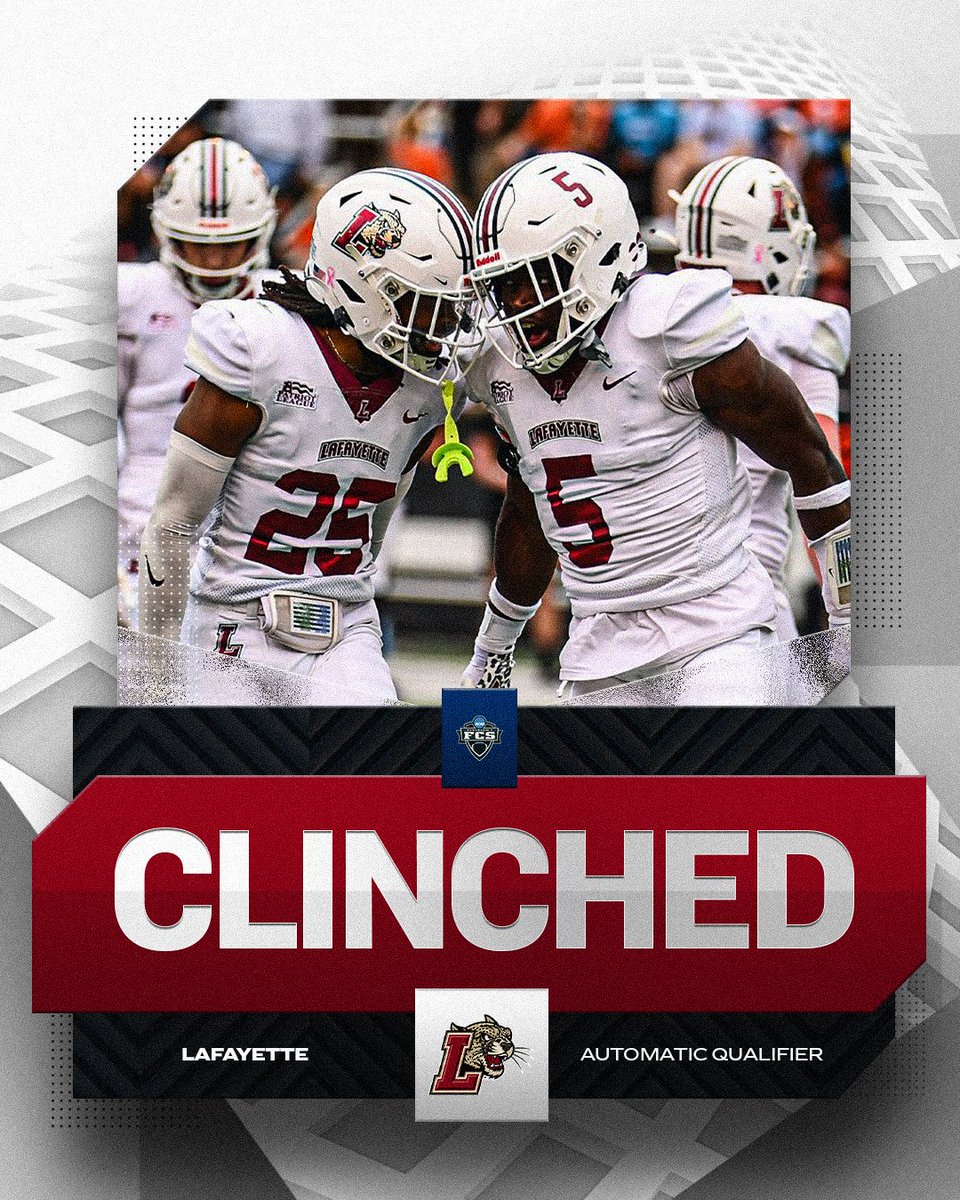 NCAA_FCS's tweet image. 🔴 𝐂𝐋𝐈𝐍𝐂𝐇𝐄𝐃 🔴

@LafColFootball has clinched a spot in the NCAA FCS Football Playoffs.

#FCS