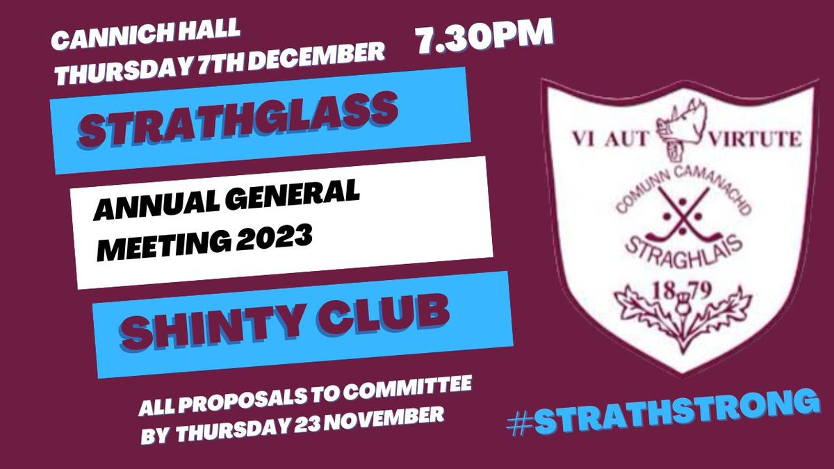 StrathglassSC's tweet photo. The Strathglass #Shinty Club AGM will be held on Thursday 7th of December 2023 at 7:30pm.

Please come along and hear about the work going on at the Club and support us into 2024.

#Strathstrong https://t.co/hjaVkF6n0X
