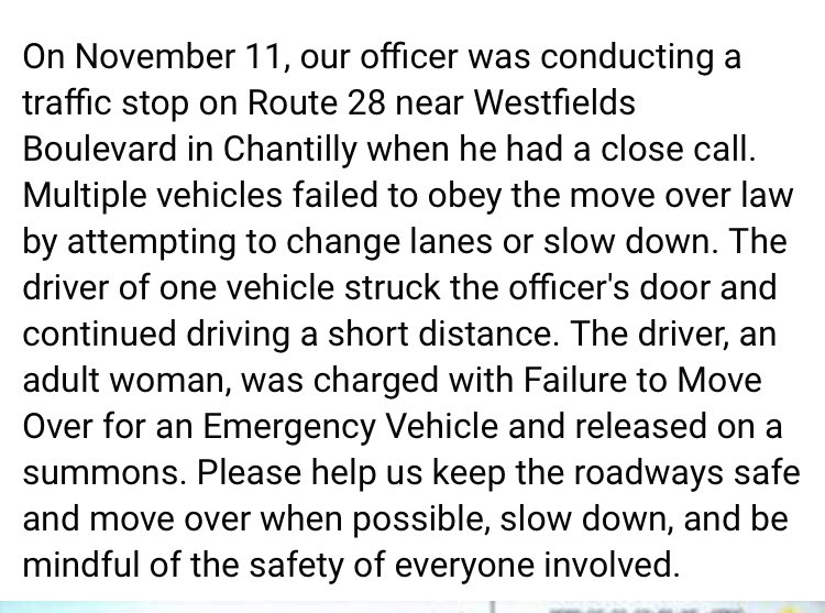 shanermurph's tweet image. #VA #SlowDownMoveOver 
On November 11th, a Fairfax County Police officer was nearly struck by a vehicle who failed to yield to the stopped emergency vehicle on Route 28 near Westfields Boulevard in Chantilly. As this bodycam video shows, a vehicle struck the driver-side door.