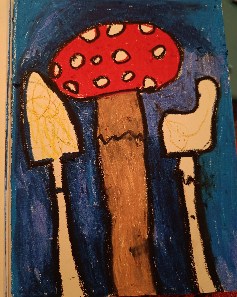 Paddenstoelen en struisvogel. #naiveart #oliekrijt #illustratie #illustration