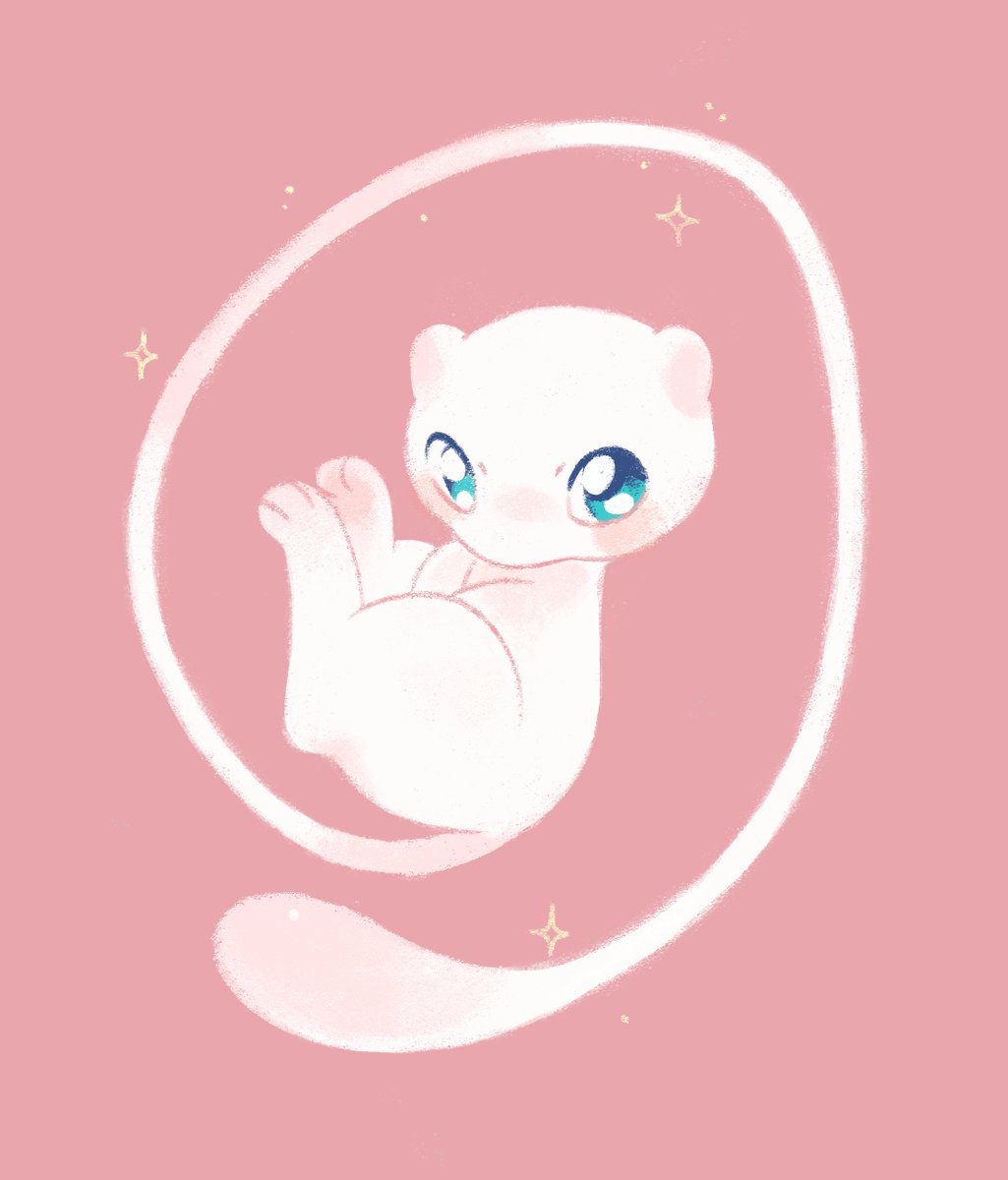 mew (pokemon) no humans pink background sparkle solo simple background blue eyes blush  illustration images