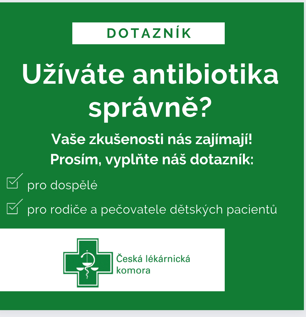 Antimikrobiální rezistence je celosvětovou zdravotní hrozbou. Nepodílíte se na ní? Užíváte antibiotika správně? Podáváte je správně dětem?
Vaše zkušenosti nás zajímají! Prosím, vyplňte naše dotazníky:
- pro dospělé:1url.cz/wus1i
- pro rodiče dětí:1url.cz/Ause4