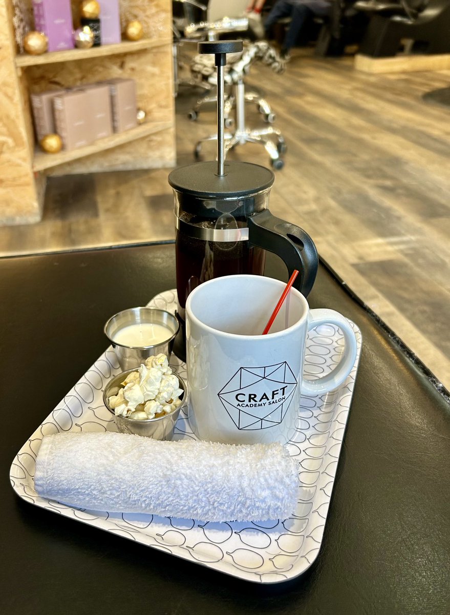 French press coffee, cream and popcorn while I wait for my appointment at #CraftAcademySalon! 😋 💇‍♀️