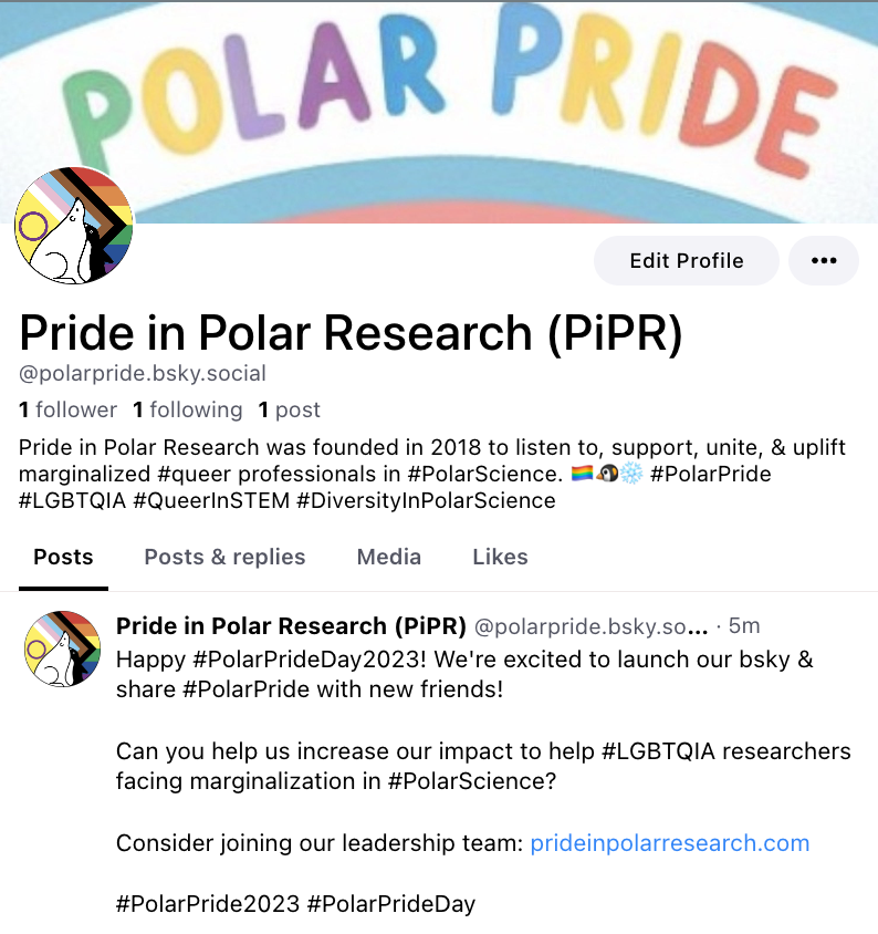 We launched our bsky today in celebration of #PolarPrideDay2023 & look forward to sharing there: bsky.app/profile/polarp… Want to assist PiPR's volunteer social media team? Learn how to help us reach our mission: PrideInPolarResearch.com #PolarPride2023 #PolarPride #PolarPrideDay